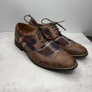 Parrazo Titan 03 Oxfords Dress Shoes 11 Brown Faux Leather Plaid Wingtip Lace Up